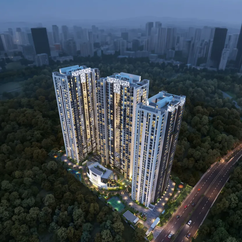 Three white towers rising from green woodland at dusk at Candeur 40