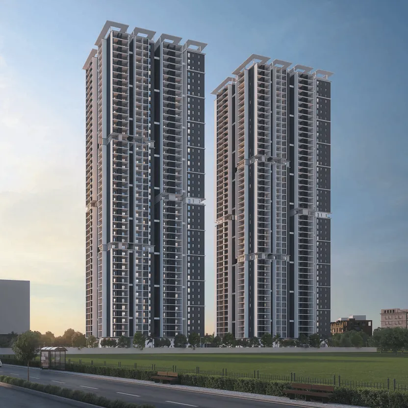 Twin towers over open ground at Candeur Twins