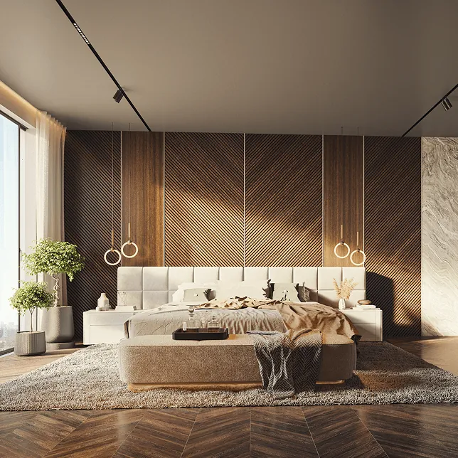 A bedroom with a panelled wall and soft lighting at Candeur Lakescape