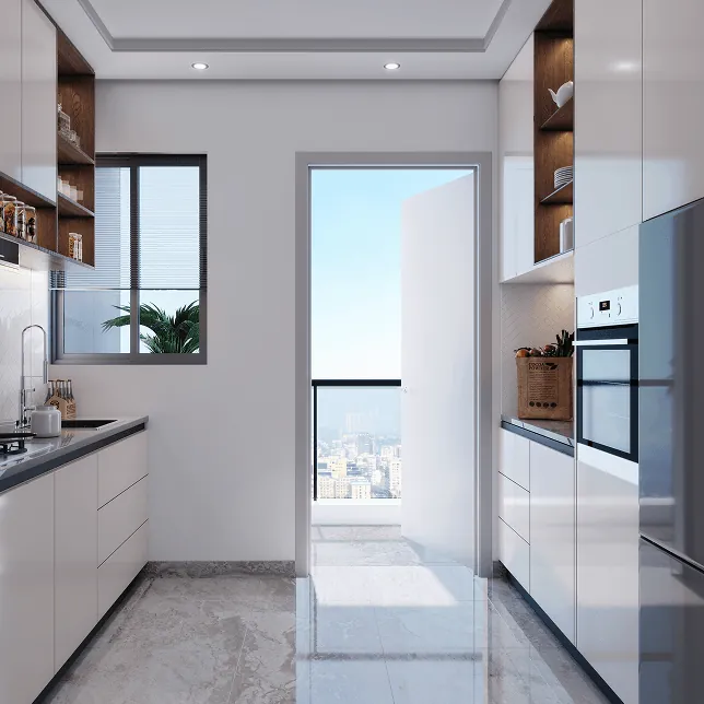 A modular kitchen opening to a balcony at Candeur Twins